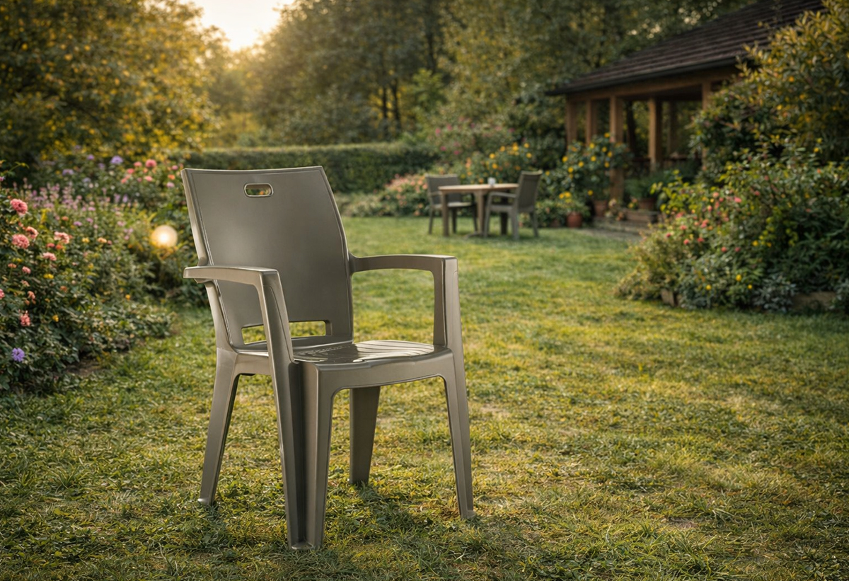 Απεικονίζεται μη πολυθρόνα σε κήπο.